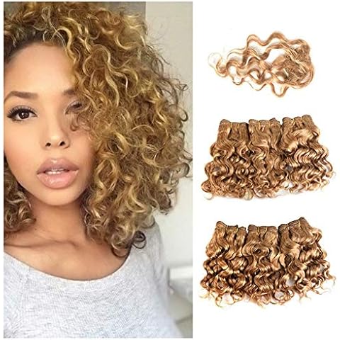 Blonde Brazilian Hair Weave Bundles 6Pcs Frames 8"Virgin Hair Curly Wave Human Hair Extensions 220g with Lace Closure Cover