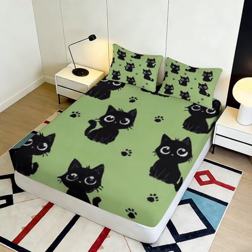 Drap housse chat noir imprimé 3D microfibre lavable literie 180x200 - 5