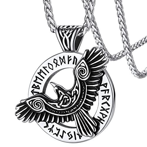 FaithHeart Viking Raven Necklace for Men, Norse Mythology Raven Skull Pendant Sturdy Stainless Steel Amulet Jewelry Gift for Men Silver Runes