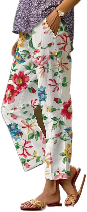 Women’s Boho Floral Casual Pants Summer Wide Leg Elastic Waist Beach Vacation Trousers with Pockets Plus Size
