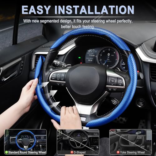 Image of Amiss 3pcs Carbon Fiber Anti-Skid Steering Wheel Cover, Waterproof & Segmented Butterfly Design, Universal 99% Vehicle Wheel Cover Protector, Car Interior Accessories, Blue