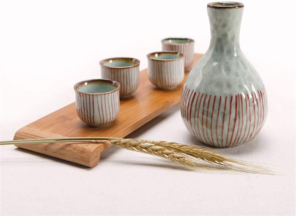 Tasse à saké traditionnelle, verres à vin en céramique, ensemble de 5 pièces à saké japonais, 1 bouteille de saké de 14 oz et 4 tasses à saké de 1,7 oz, motif à rayures verticales rouges, bouteille d'