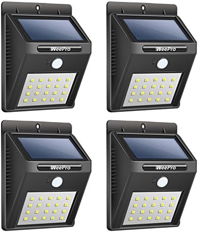 WeePro Solar Lights Outdoor Bright 20 Led Motion Sensor Waterproof Security Flood Lamp 12 Hrs Lighting Time Emergency Night Light for Front Door, Patio, Deck, Yard, Pathway, Driveway, Hurricane, 4Pack