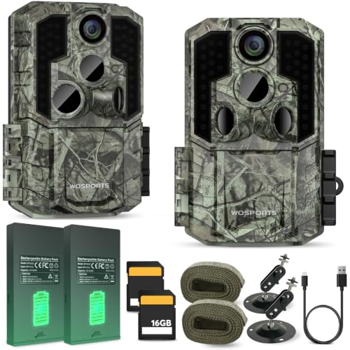 WOSPORTS Rechargeable Trail Camera(Non-Cellular Non-WiFi) 2Pack 56MP 4K Game Cam 0.2s Trigger No Glow Night Vision Motion Activated 120° Wide Lens 2.0” LCD Wildlife Camera Outdoor Scouting