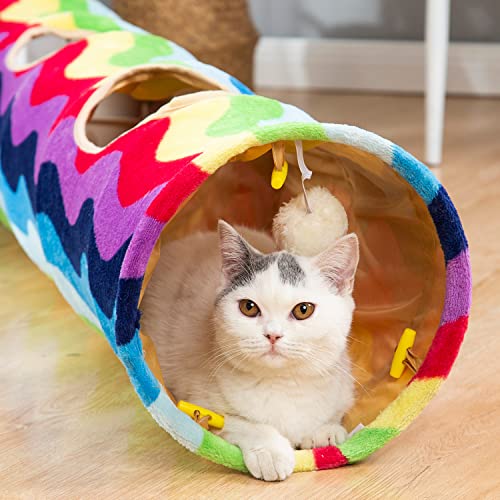 Image of Cat Tunnel -Straight-Shaped, Rainbow Wave Color, Soft Velvet Exterior, Oxford Fabric Fog-Proof Interior, Plush Toy Ball, Easily Washable, Conveniently Foldable, 47.2in /120cm