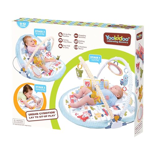 Yookidoo 3-en-1 Urban Gimnasio Bebé. Tumbado y Sentado Manta de Actividades con Cojín y Juguetes Infantiles. Fácil Plegado para Llevar. 0-12 Meses