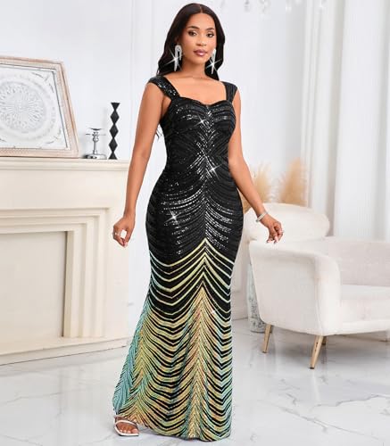 Image of dasmzper Women's Sequin Evening Gown - Elegant Sleeveless V Neck Mermaid Formal Maxi Dress for Wedding, Prom or Party