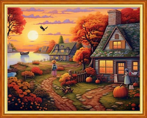Image of Dimxvean Stamped Cross Stitch Kits,Cross Stitch Kits for Adults Beginners,Embroidery Kits Full Range of Cross Stitch Stamped Kits Needlepoint Kits Cross Stitch Patterns-Seaside Home 16x20 inch