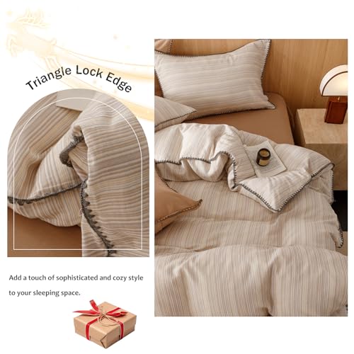 Image of VM VOUGEMARKET 100% Linen Cotton Duvet Cover Set Queen 3pcs Yarn Dyed Vertical Pinstripe Ticking Pattern Breathable Farmhouse Bedding Set - Purple Yellow Stripe, Queen Size