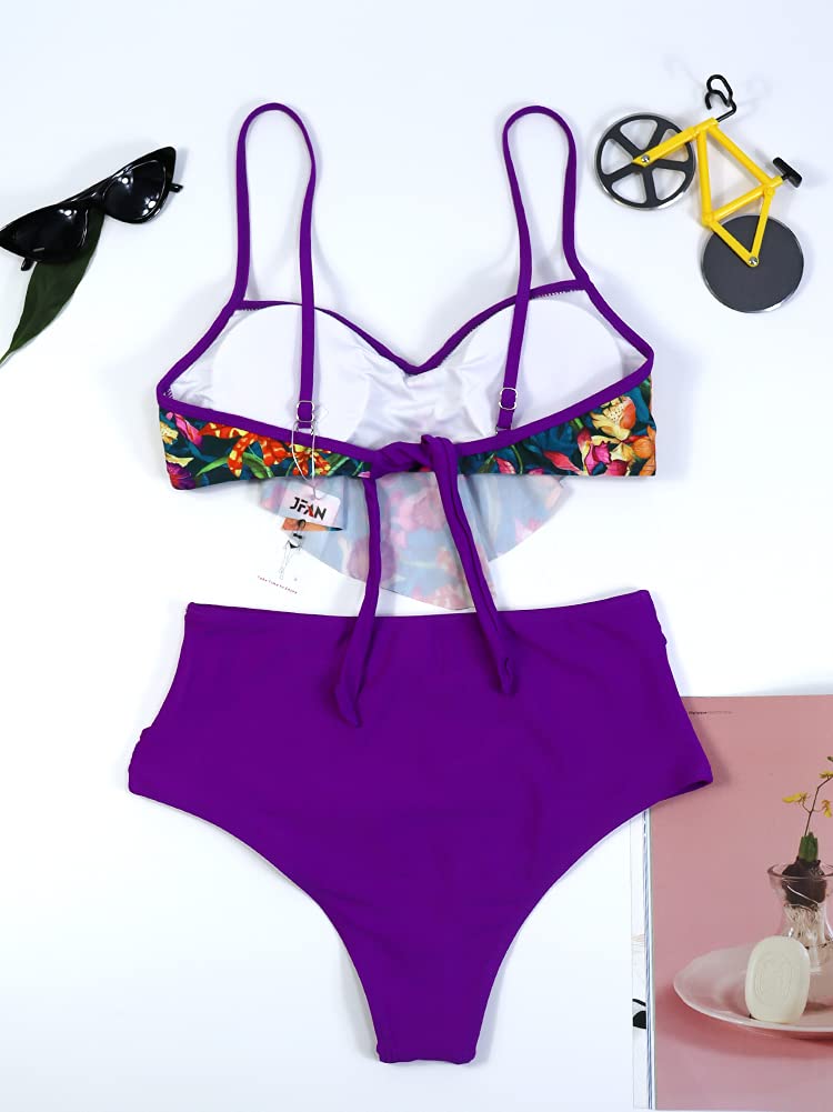 JFAN Costume da Bagno Donna Due Pezzi Bikini A Vita Alta Bottom Increspato Stampa Floreale Halter Ruffle Coordinati Blu L