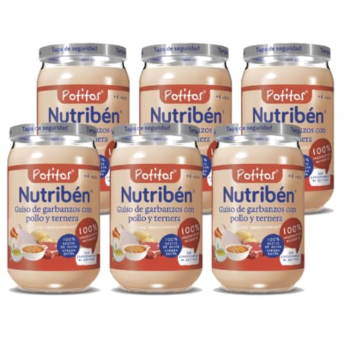 Nutribén | Potitos de guiso de garbanzos con pollo y ternera | Pack de 6 x 235 gr | Desde los 6 Meses | Sin gluten y Sin huevo | Sin almidones
