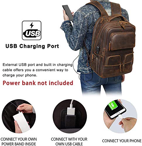 Masa Kawa Full Grain Leather 15.6” Laptop Backpack For Men Vintage Large Travel Rucksack Bag School Bookbag Daypack #TOP2