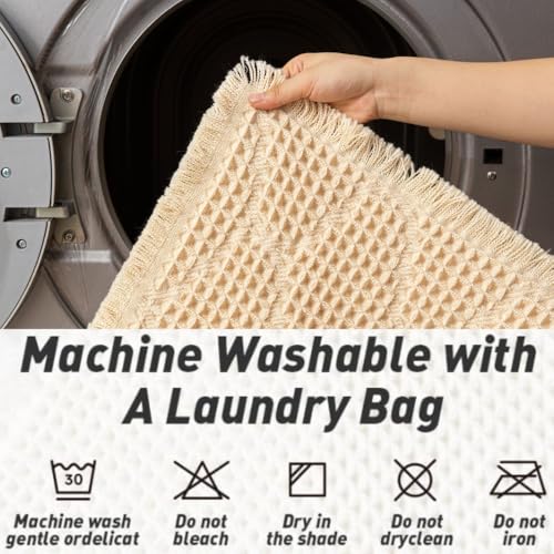 Image of HomeCloud Waffle Bath Mat, Super Absorbent Non Slip Mats for Bathroom Floor, Machine Washable Bathroom Rugs with Tassels,Ultra Soft (T.Cream)