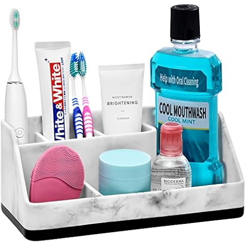 VITVITI Toothbrush Holder for Bathroom, Bathroom Organizer Countertop, Bathroom Accessories with 5 Compartment Storage for Toothpaste/Vanity Counter, White Resin of Marble Color Cover