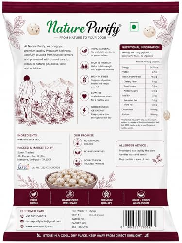 Image of Nature Purify Premium Plain Phool Makhana 200GM | Raw Plain Phool Makhana| Rich in Calcium & Antioxidants| Handpicked Jumbo Size High Protein Fox Nuts /Premium Lotus Seeds for Fasting