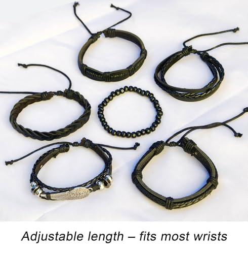 8Pcs Punk Leather Bracelet Set for Men & Women, 6Pcs Braided PU Cuffs, Necklace & Keychain, Adjustable, Stackable3
