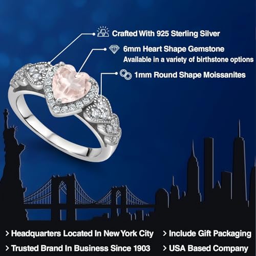925 Sterling Silver Heart Gemstone Birthstone and White Moissanite Halo Ring for Women | 6MM Heart Shape Center with Pave Accents | Wedding Anniversary Engagement Promise Ring | Sizes 5-92