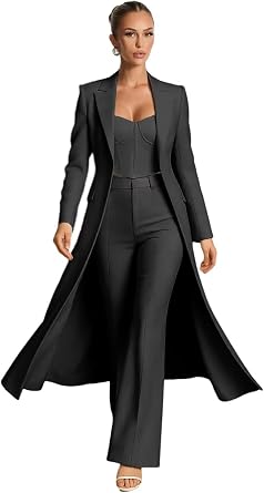 Business Casual V Neck Womens Suit 3 Piece Long Blazer Vest Pants