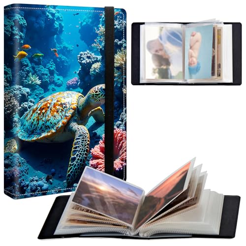 Álbum de Fotos Pequeño 4x6 pulgadas 120 Bolsillos Cubierta de Cuero PU Diseño con Banda Elástica - Tortugas Marinas y Peces miniatura 1