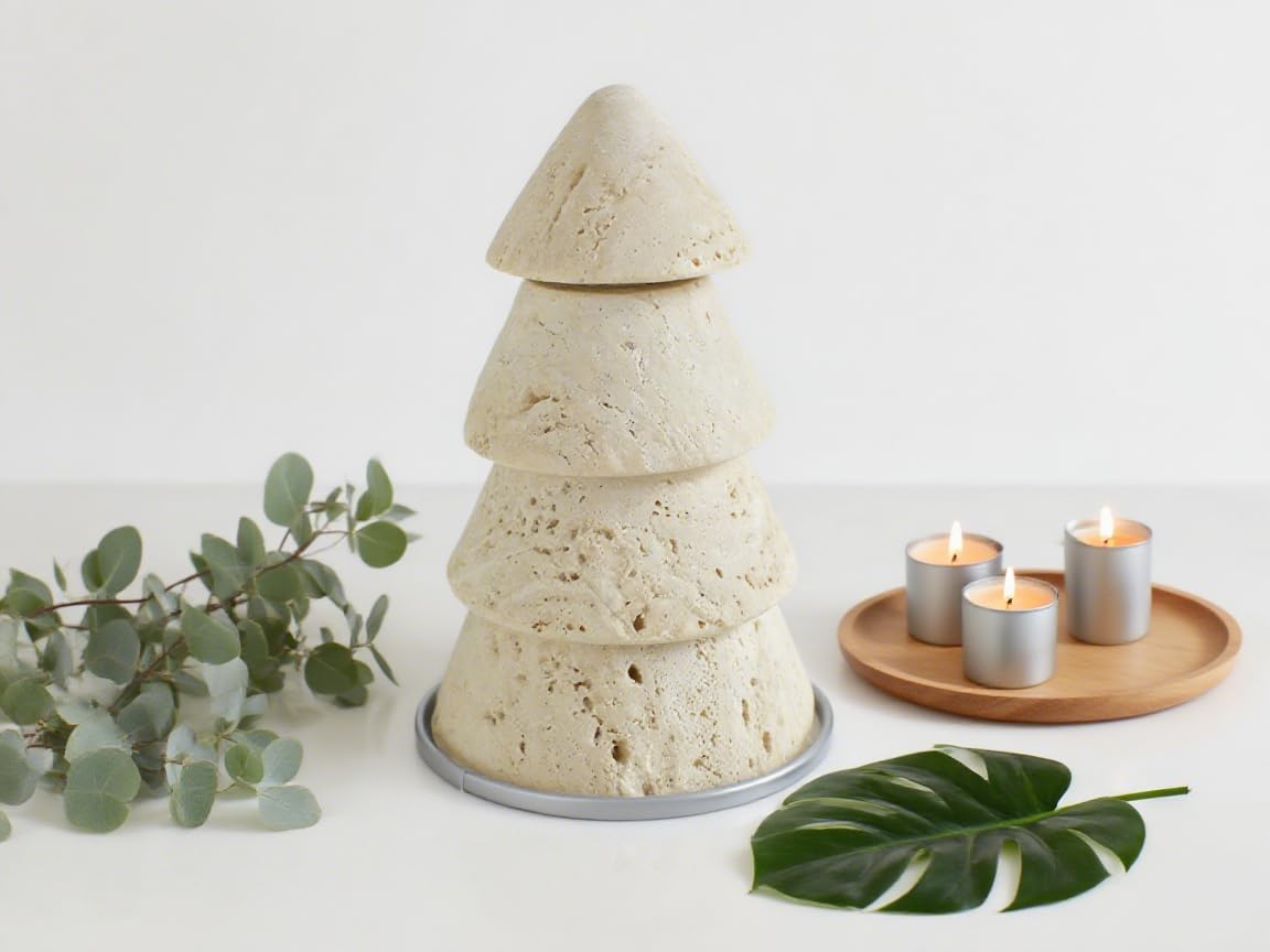 Travertin Weihnachtsbaum Kerzenhalter, 4-stöckiges Turm-Design, 3-Kerzen-Display mit rutschfestem Boden
