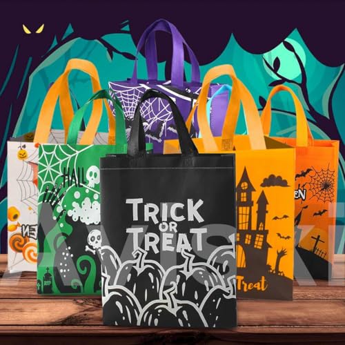 12 قطعة من اكياس الهالوين من فورتبولي، اكياس خدعة او حلوى، شنطة كبيرة قابلة لاعادة الاستخدام غير منسوجة مع مقابض، 6 انماط اكياس حلوى حلوى لتغليف الهدايا ومستلزمات حفلات الهالوين
