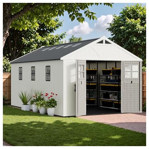 Greesum 10×16 FT Plastic Outdoor Storage Shed with Floor and Lockable Door, Resin Sheds with Windows and Skylights, Weather Resistant Organization for Garden, Lawn, Pool Supplies, Beige
