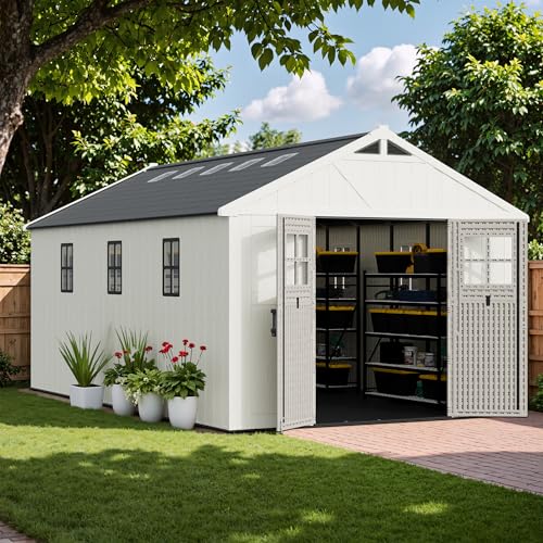 Image of Greesum 10x16FT Resin Outdoor Storage Shed with Floor, Plastic Sheds, Beige