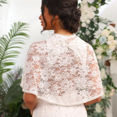 Urieo Bridal Lace Cape Shawl with Pearl Trim, White Floral Wedding Capelet, Wraps Shrug for Evening Dress3