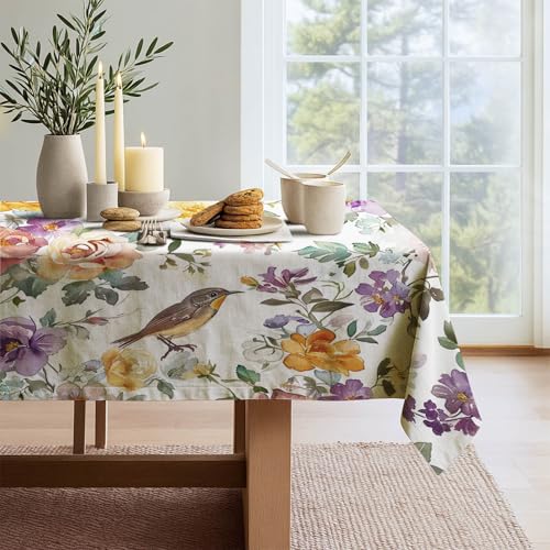 HOMETITUTE Flower Rectangle Tablecloth Yellow Floral Bird Pattern Table Cover 83 x 60 Inch Botanical...
