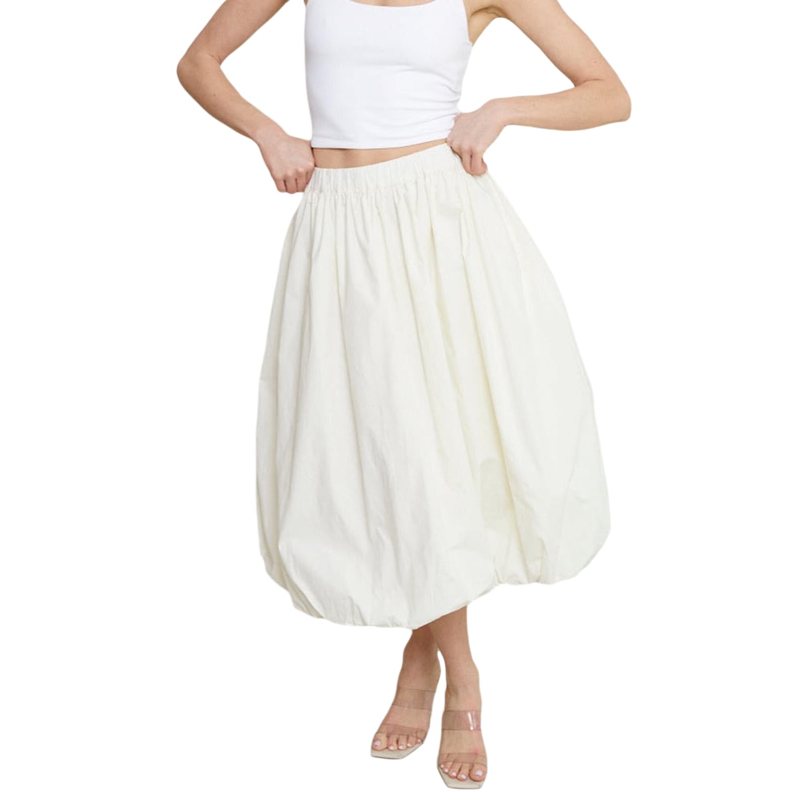 SOLILOQUYWomen Bubble Midi Skirt Y2K Elastic Waist Pleated A-Line Solid Puff Long Skirt with Pockets Elegant Balloon Skirt