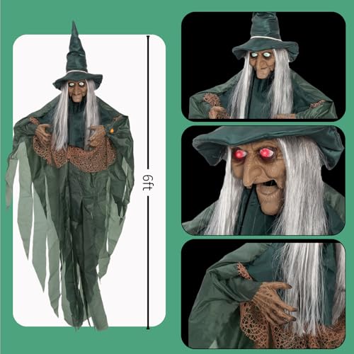 Image of Halloween Animatronics Motion Activated 6Ft Creepy Hanging Witch with Light-up Eyes Halloween Decoration Outdoor Haunted House Prop Decor Indoor 2025 Update