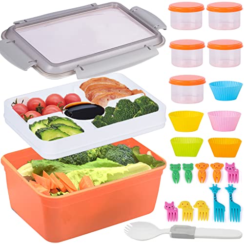 LileZbox Salat-Lunchbox für Erwachsene und Kinder, 1,9 l stapelbare Bento-Box für Erwachsene mit 5 Saucenbechern, Salatbehälter mit 5 Fächern für Schule, Arbeit, Fitnessstudio und Picknick (orange) Cover