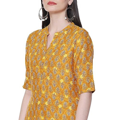 Image of Rangriti Mustard Liva Straight Printed Kurta for Women