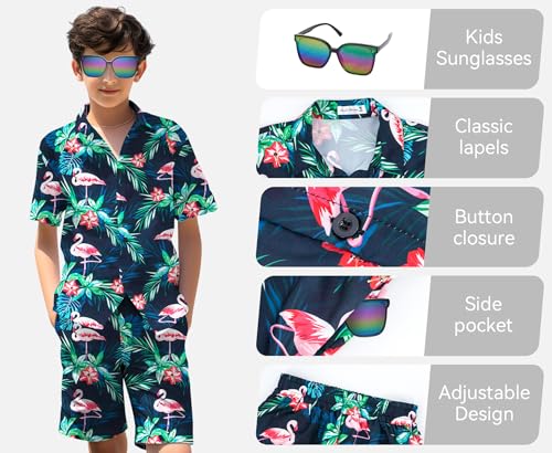 Yoimira Boys Hawaiian Shirt and Short Set Beach Shirts for Kids Printed Casual Outfit 2 Piece with Sunglasses 7-14 Years - Image 5