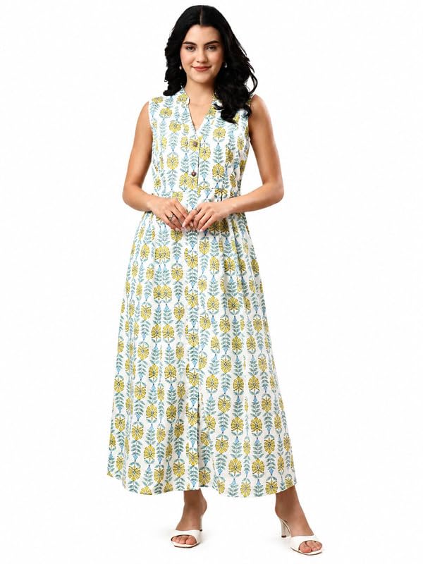 Women's Cotton Printed A-Line Maxi Dress | Sleeveless V-Neck Long Dress with Button Closure-image-36