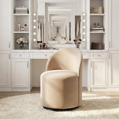 Image of HNY Upholstered Kitchen & Dining Room Barrel Chair, Mid Century Modern Round Velvet Dining Chair, 360 Degree Swivel Comfy Armless Accent Makeup Vanity Side Chair for Bedroom Living Room, Khaki