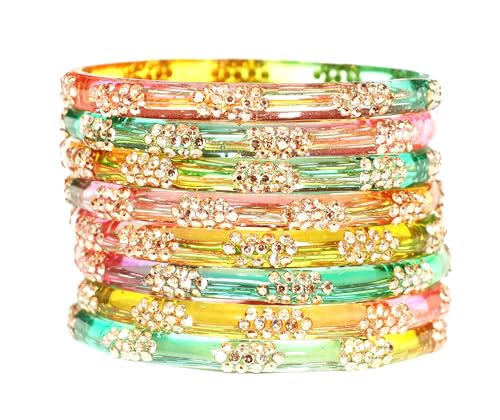 Image of Swara Creations Crystal Bangles for Women /Raindrop Kada Set /Multicolor glossy finished bangles Kadas with Silver stonework bangles for women & girls(8Pcs)(SKU265)