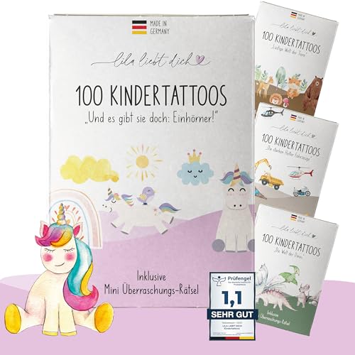 lila liebt dich® 100 angesagte Tattoo Kinder Motive mit Einhorn & Regenbogen // Kindertattoos hautfreundlich & getestet // Kinder Tattoo Mädchen Made in Germany // Einhorn Tattoos Mädchen Set
