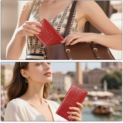Image of Wallet Women Bifold Faux Crocodile Leather Slim Thin Long Wallets | RFID Blocking, Alligator Texture, Luxury, Credit Cards Holder, Female Woman Ladies Purse,Zipper Coin Pocket, Burgundy Croc