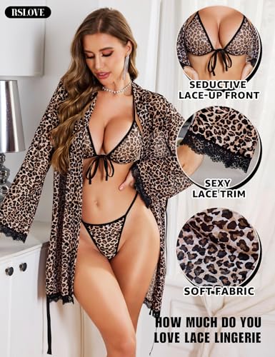 RSLOVE Women Sexy Lingerie Set - 3 Piece Bra and Panty Sets with Lace Kimono Robe Sheer Sleepwear Mesh Nightgown3