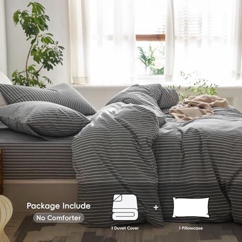 Image of MooMee Striped Duvet Cover Set 100% Washed Cotton Linen Like Twin | Relaxed Linen-like Texture. Soft, Breathable & Long-lasting Comfort. Lightweight. Hidden Zipper with 8 Interior Corner Ties