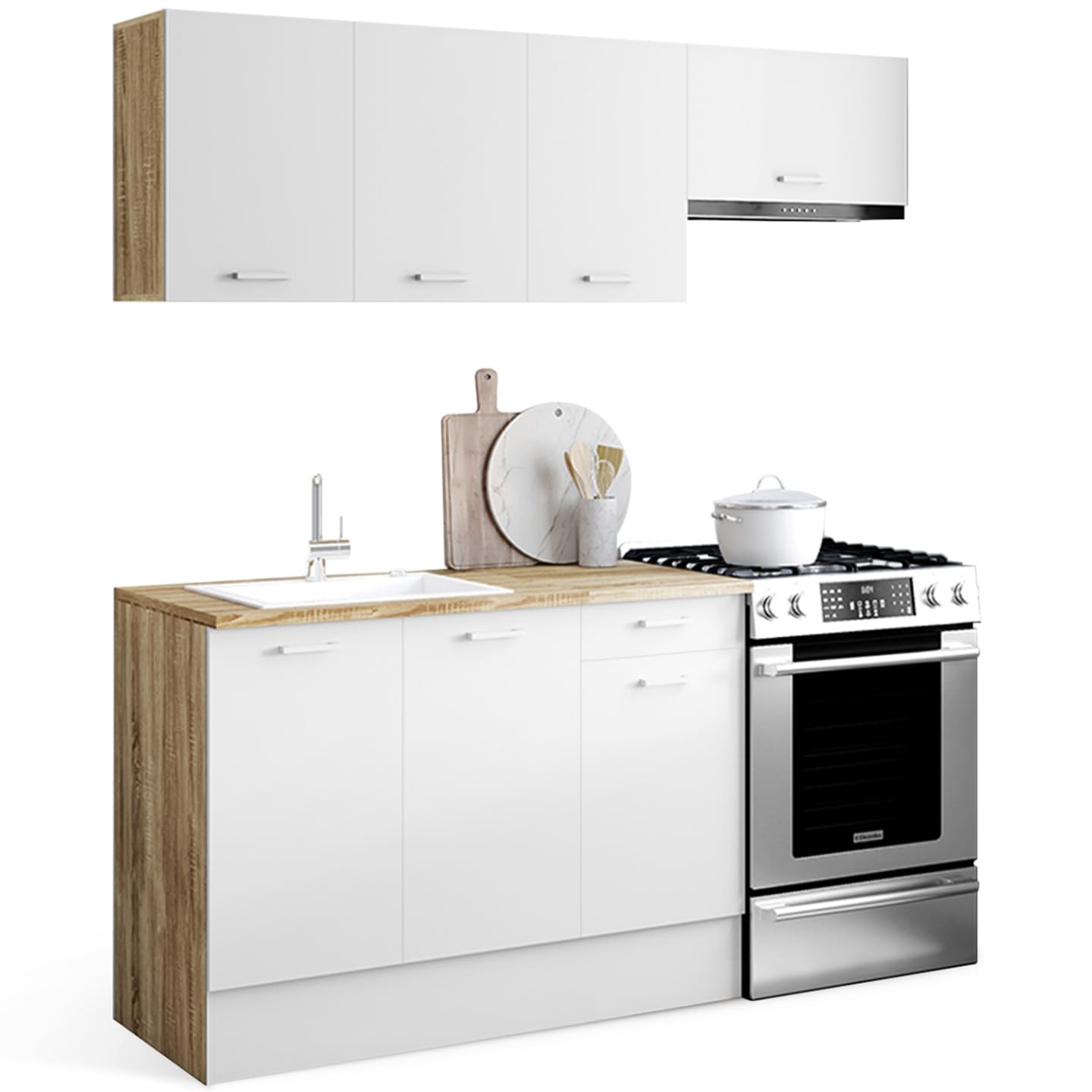 IDMarket - Cuisine complète 180 cm Subtil avec Plan de Travail 5 éléments Bois et Blanc