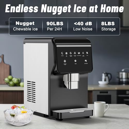 Image of Nugget Ice Maker Countertop with 7Lbs Storage, Ice /Water /Ice & Water Optional, 90Lbs /24H Pellet Crushed Chewable Ice Machine Stainless Steels with Self-Cleaning for Home Office Kitchen Party RV