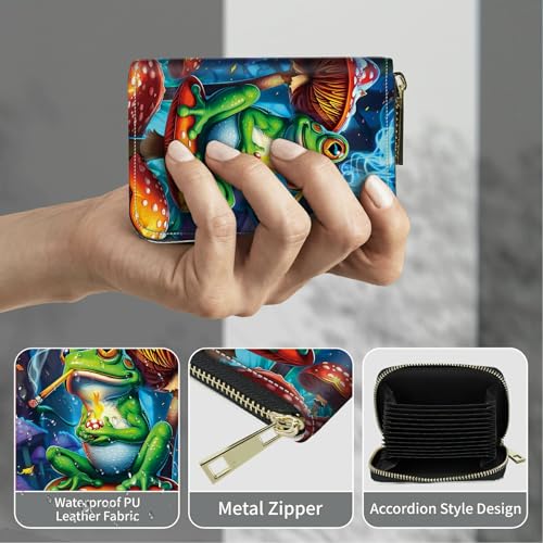 Image of Cute Credit Card Holder with Zipper, Frog Smoke RFID-Blocking Card Case Small Wallet for Women Men, Multi-slot Card Organizer Case Travel Accordion Wallet