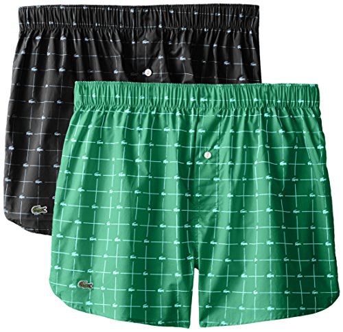 Lacoste Men's Authentics Woven Boxer Short (Pack of 2), Verdant/Black, Medium