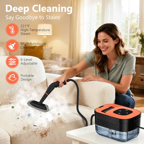 Image of Steam Cleaner, Portable Steamer for Cleaning with 16pcs Accessories, 6-Level Adjustable and 15s Heat-Up, Handheld Steam Cleaner for Home, Tile, Dirt, Grout, Grease, Car Detailing, Orange