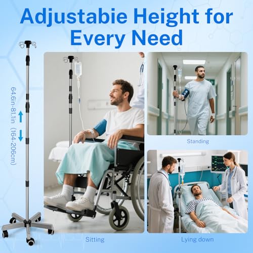 IV Pole with 4 Hooks 5 Legs, Rolling Base with Brake Wheel, 64.6 to 81.1 Inches Adjustable Height Portable Medical Pole IV Stand, Stainless Steel