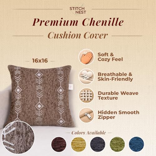 Image of STITCHNEST 'Artisoul Series' Chenille Cushion Cover 16x16 Inch | Beige Arrow Pattern, Soft Premium Fabric, Washable & Fade Resistant | Decorative Living Room Cushion Covers | Set of 2