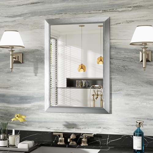 Image of 22x30 Inch Brushed Silver Bathroom Mirror for Wall, Thick Metal Framed Rectangle Mirrors for Over Sink, Bedroom, Living Room, Entryway, Anti-Rust, HD Tempered Glass