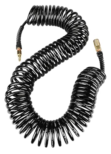 Keepro Polyurethane Recoil Air Hose, 1/4 Inch ID By 50 Feet Long Air Compressor Hose with Repairable Solid Brass 1/4" Industrial Quick Coupler and Plug, 145 PSI Maximum Pressure, Black